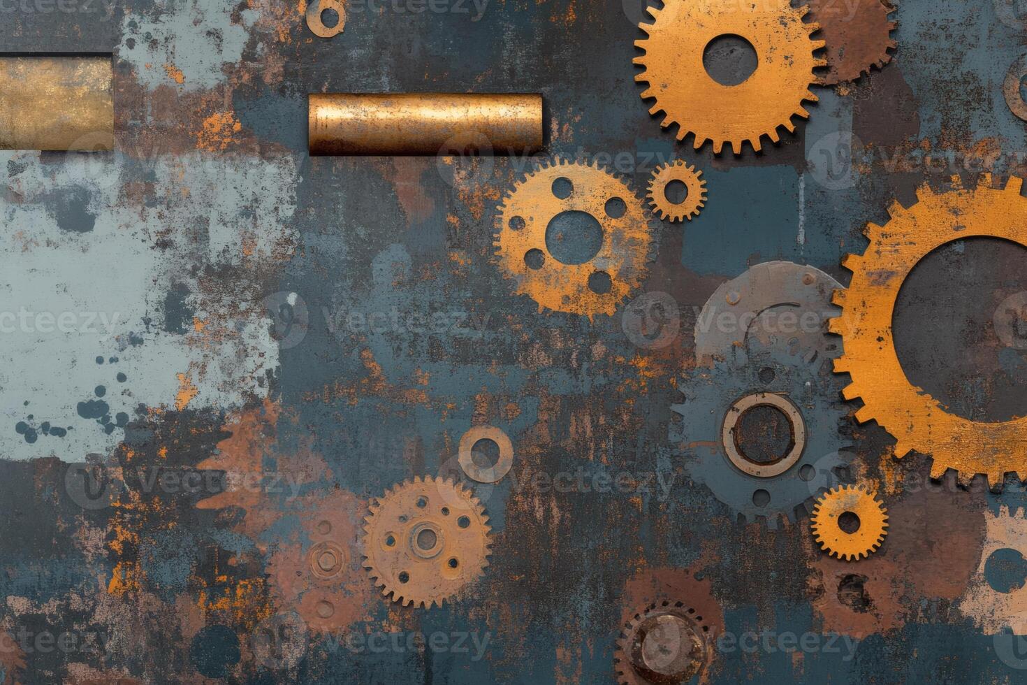 Intricate arrangement of gears on a weathered backdrop. photo