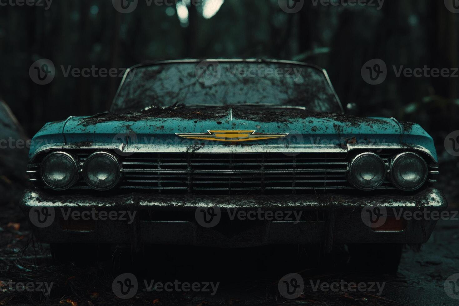 Abandoned classic car resting in a mysterious forest. photo