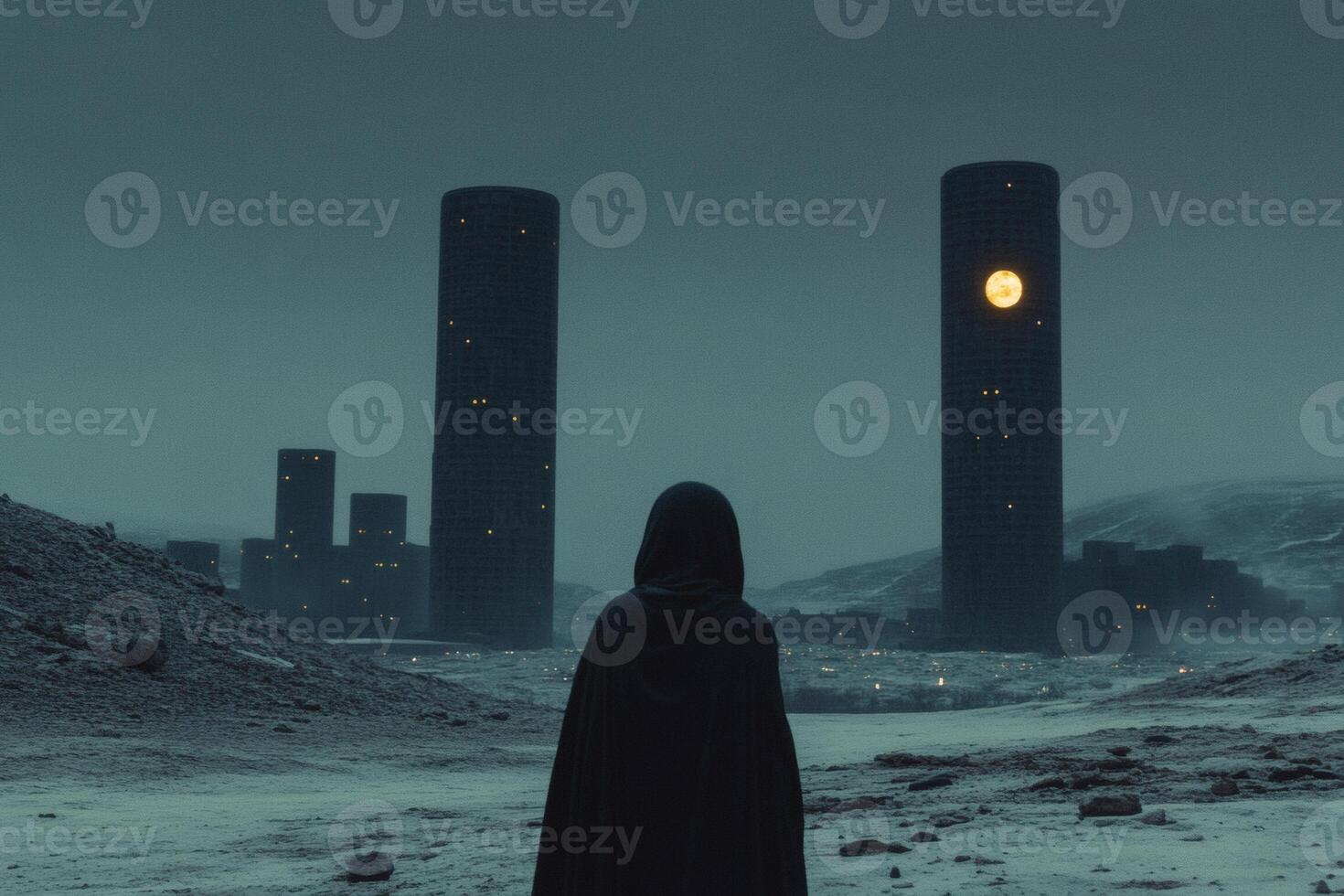 Somber figure stands before towering monoliths at dusk. photo
