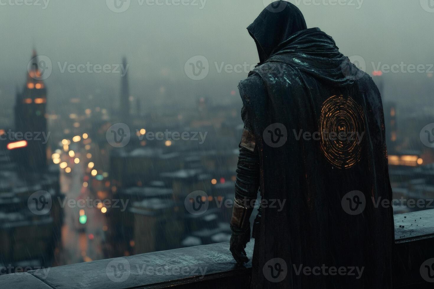 Guardian watches over the city at twilight. photo