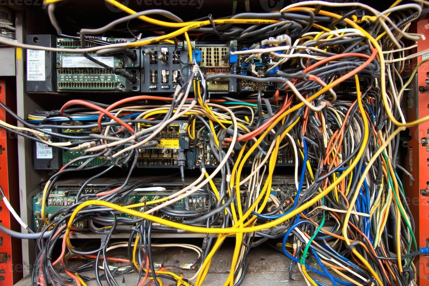 Complex network of colorful cables in a tech setting. photo