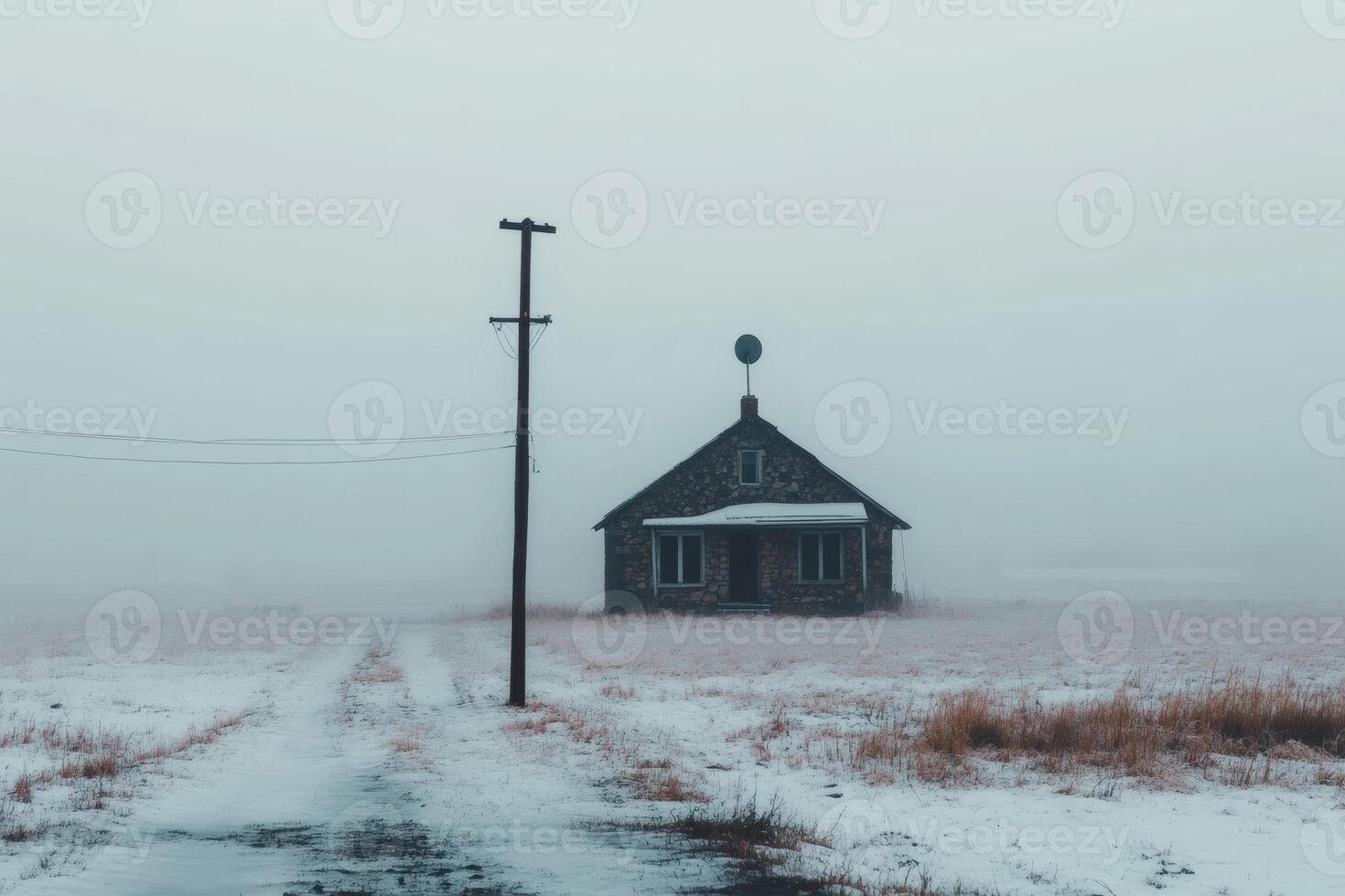 Mysterious cottage emerges from fog in quiet landscape. photo