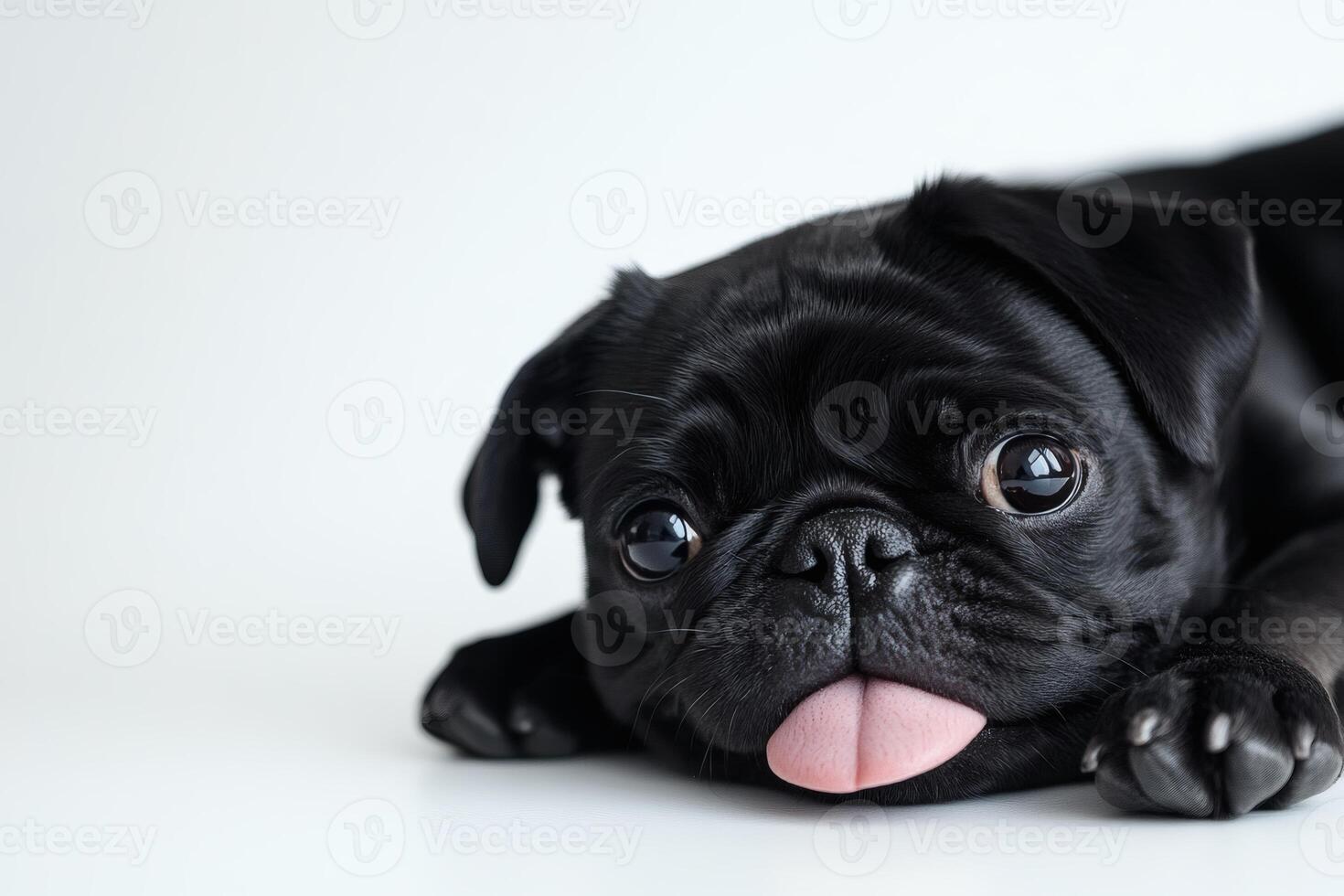 Charming black pug puppy resting on a soft surface. photo
