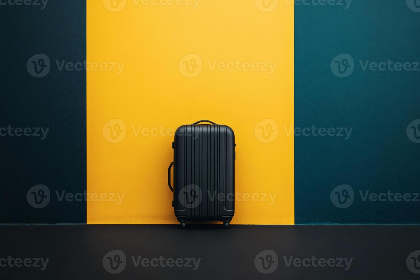 Stylish black suitcase against vibrant yellow wall. photo