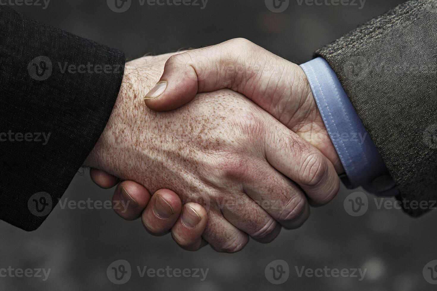 Business partners engage in a firm handshake outdoors. photo