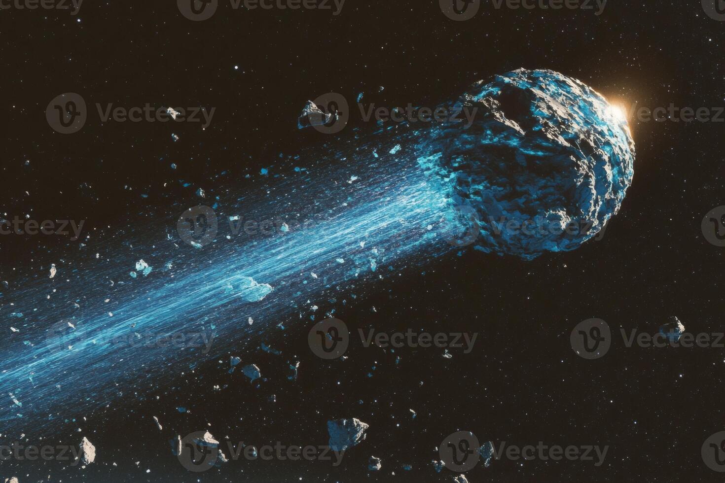Celestial body races through the cosmos leaving a trail. photo