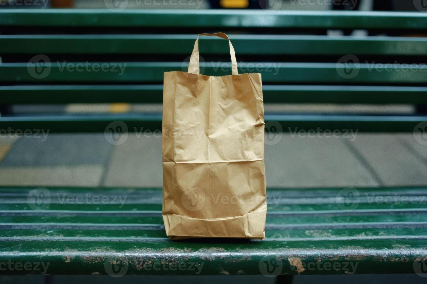 Brown paper bag rests quietly on a green bench. photo