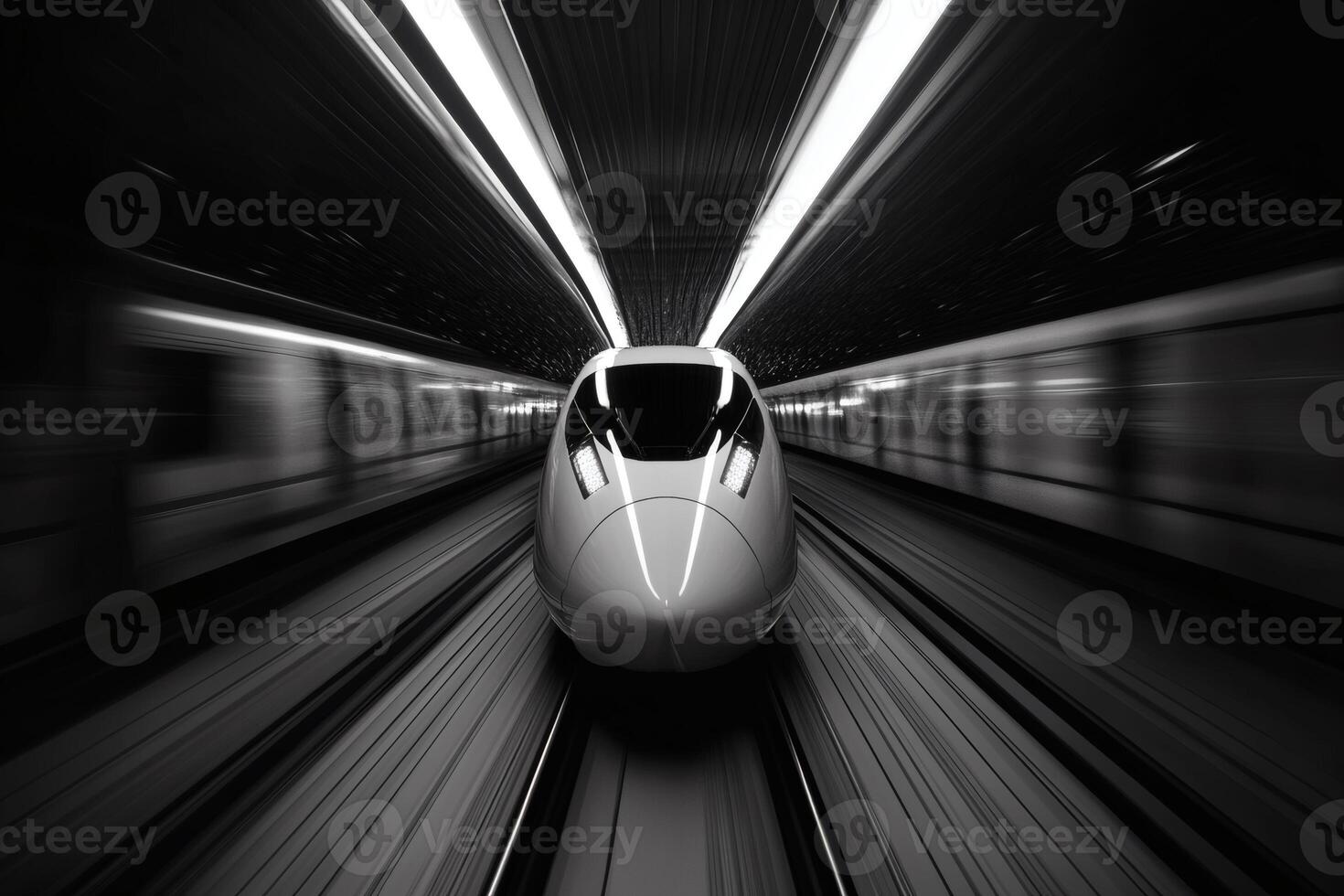 High-speed train rushing through underground tunnel lights. photo