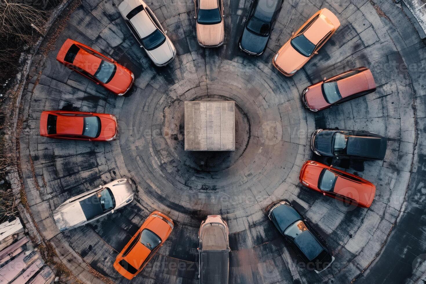 Cars in a circle around a central platform. photo