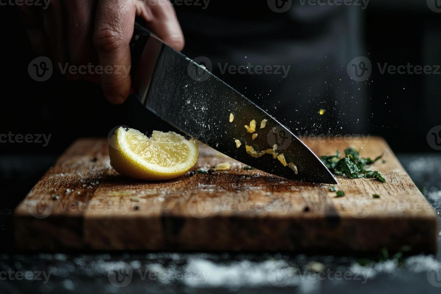 Slicing fresh lemon on a rustic wooden board. photo
