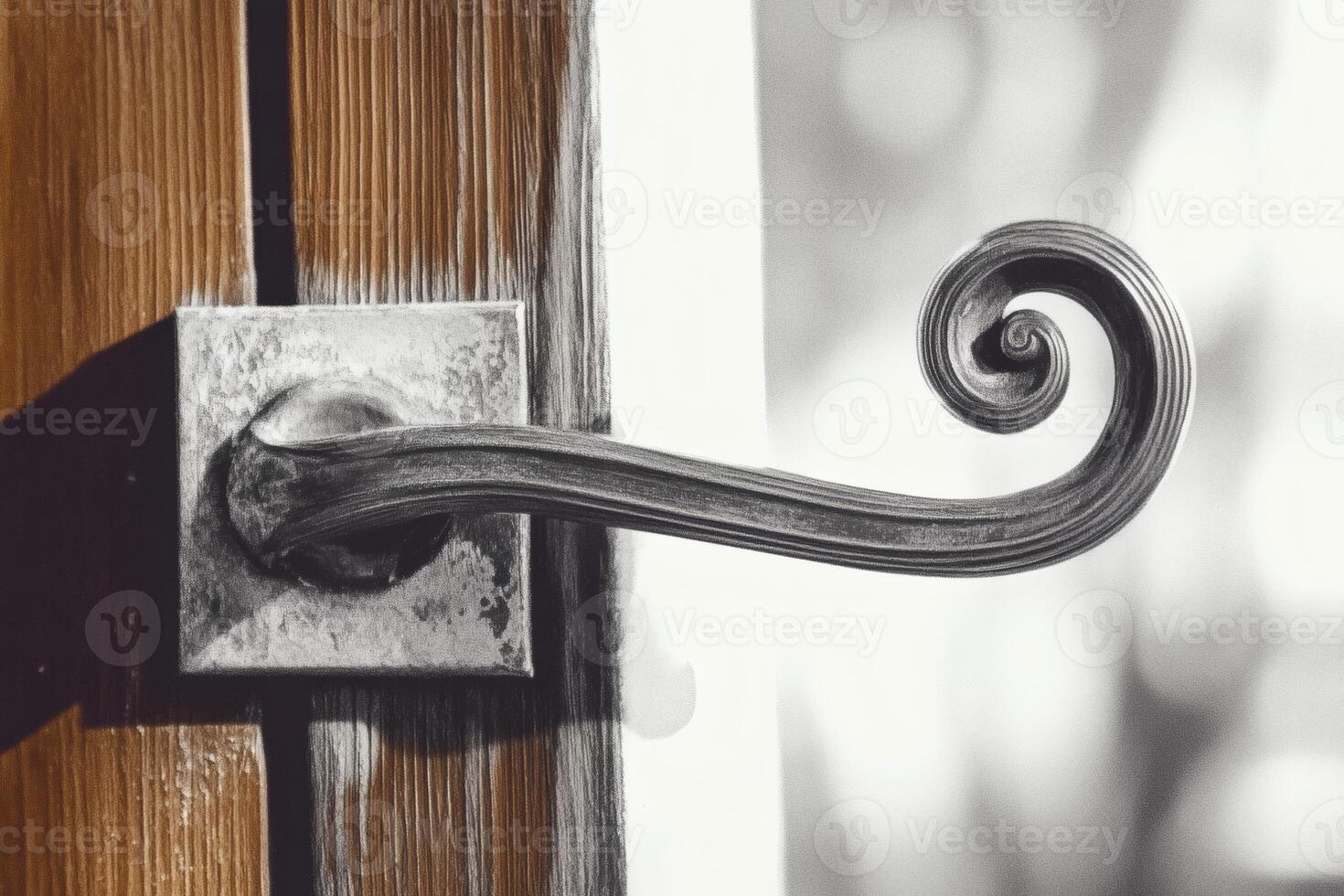 Elegant door handle adds charm to a wooden entrance. photo