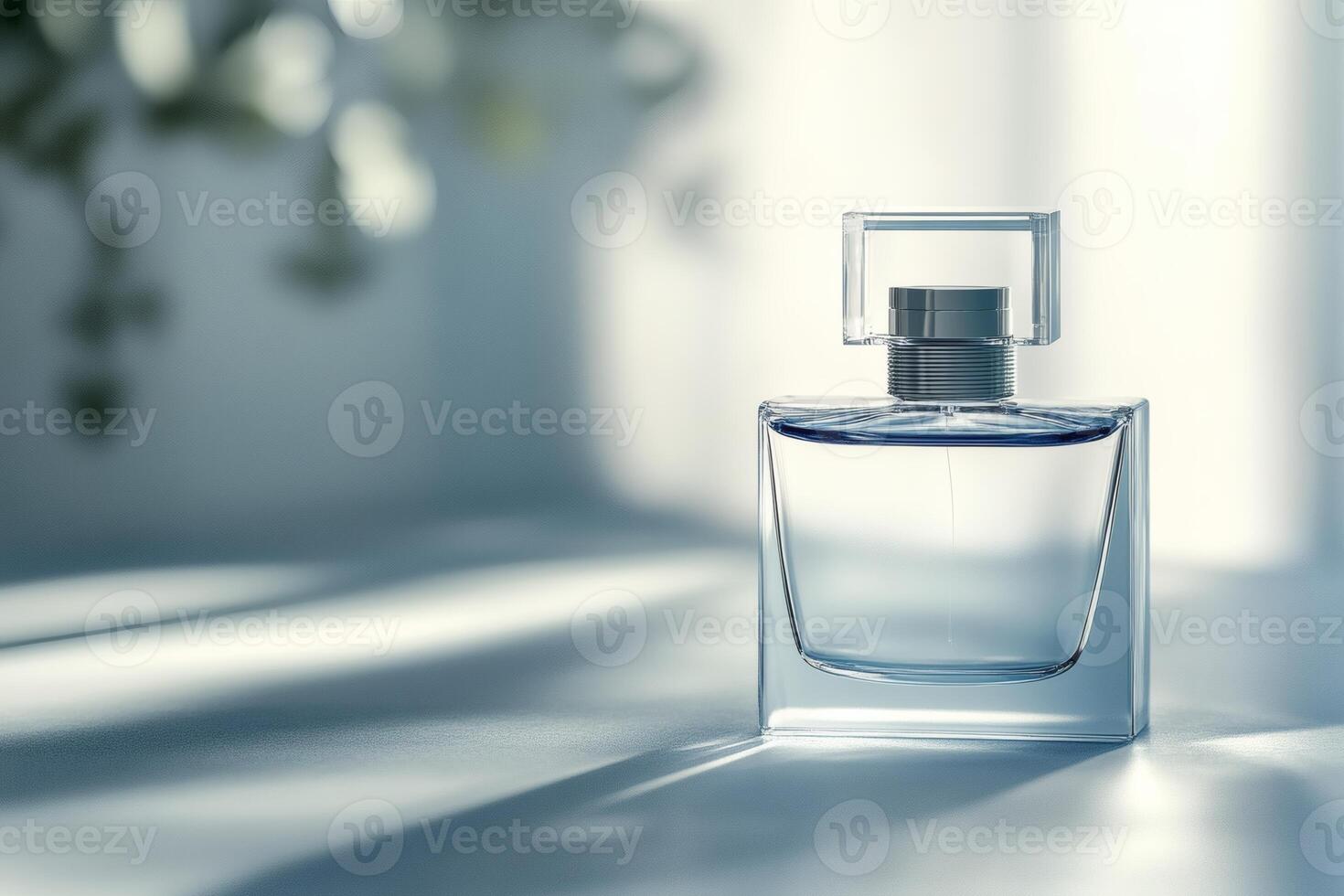 Elegant crystal perfume bottle glistening in sunlight. photo