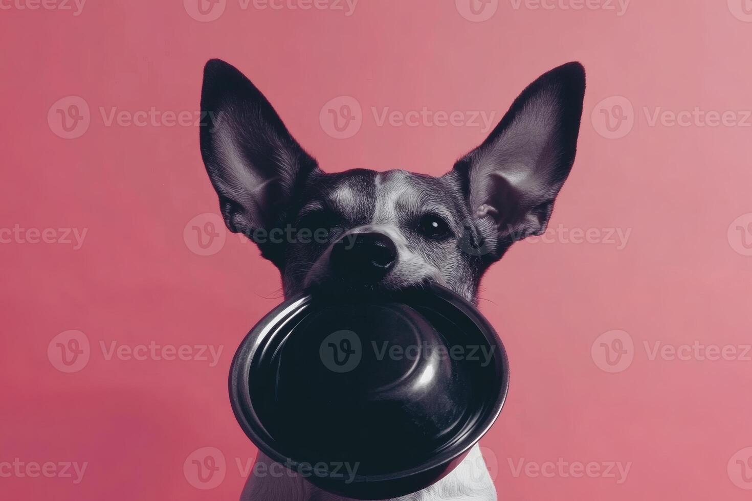 Playful dog waiting for dinner with a shiny bowl. photo