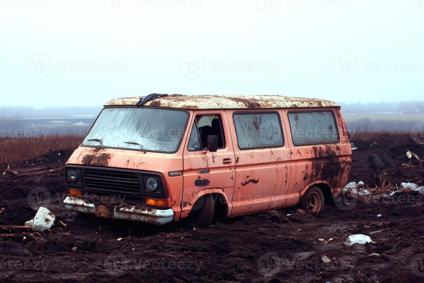 Abandoned van rests in muddy field on a foggy day. photo