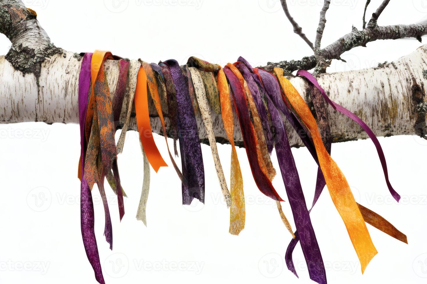 Colorful ribbons dance on a birch tree branch. photo