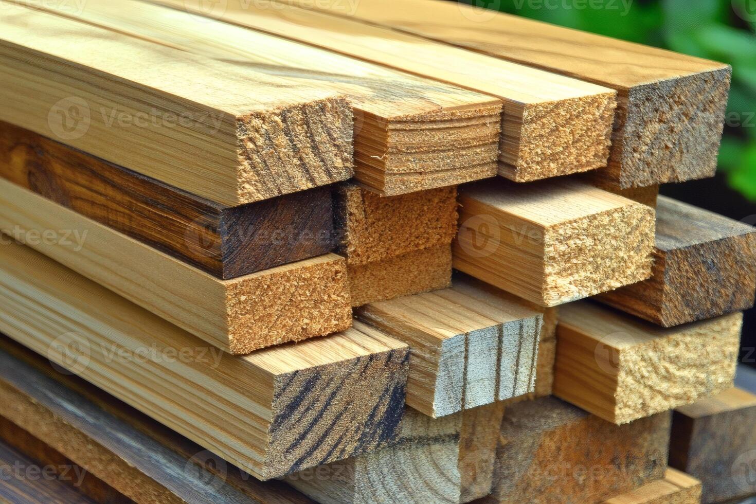 Stacked timber beams ready for crafting in the workshop. photo