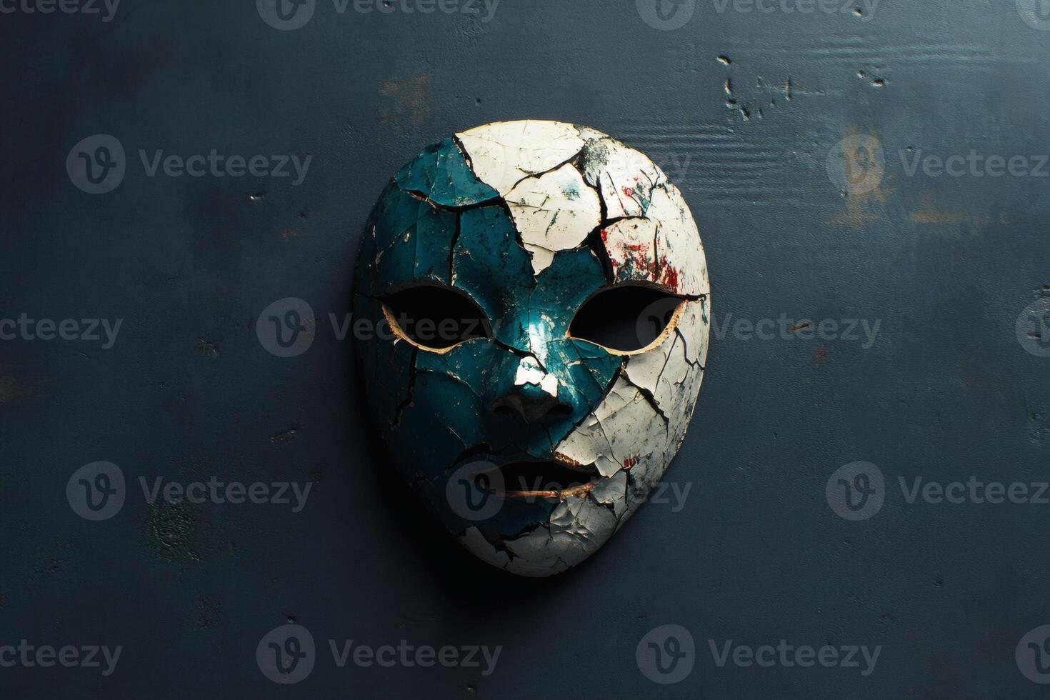Cracked mask with intricate details hanging against wall. photo