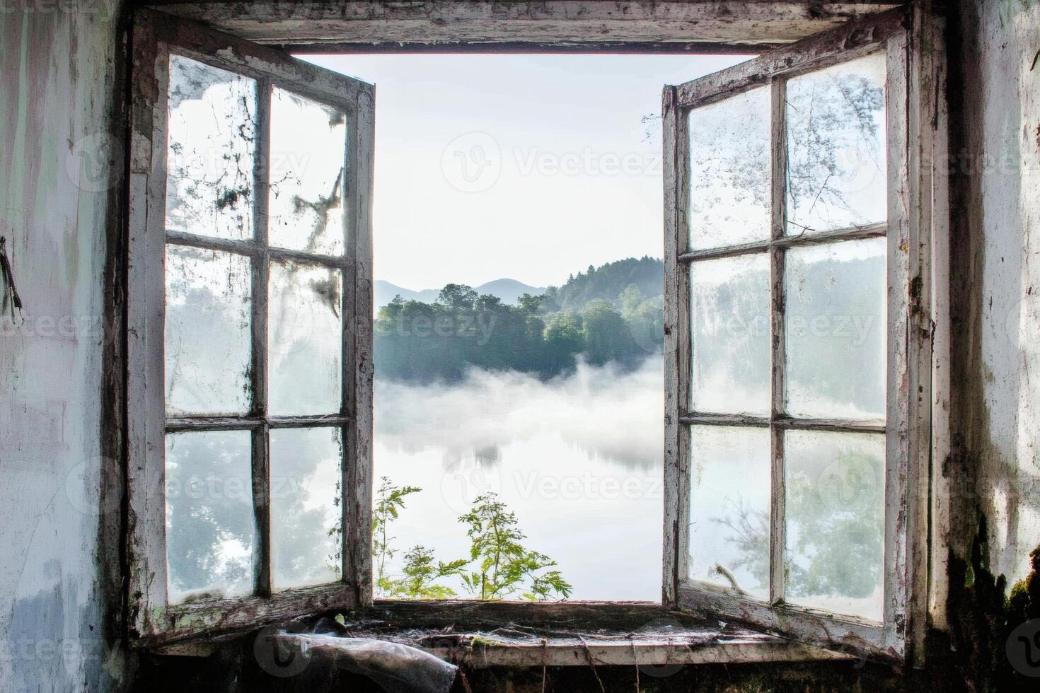Misty morning view from an abandoned rustic window. photo