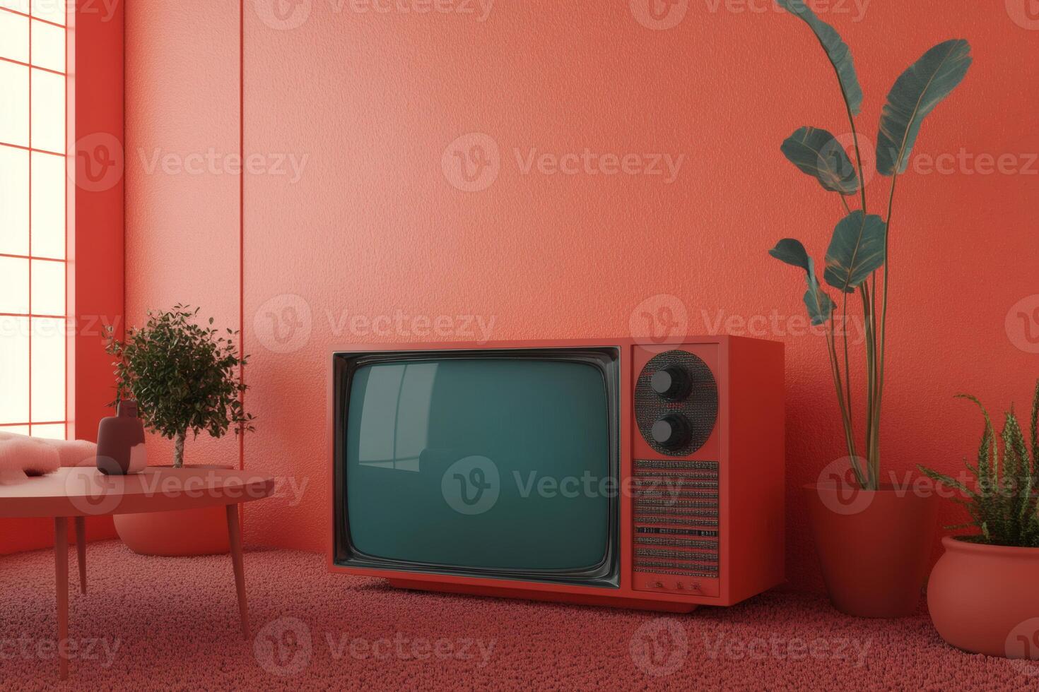 Retro living room with vibrant coral tones and vintage TV. photo