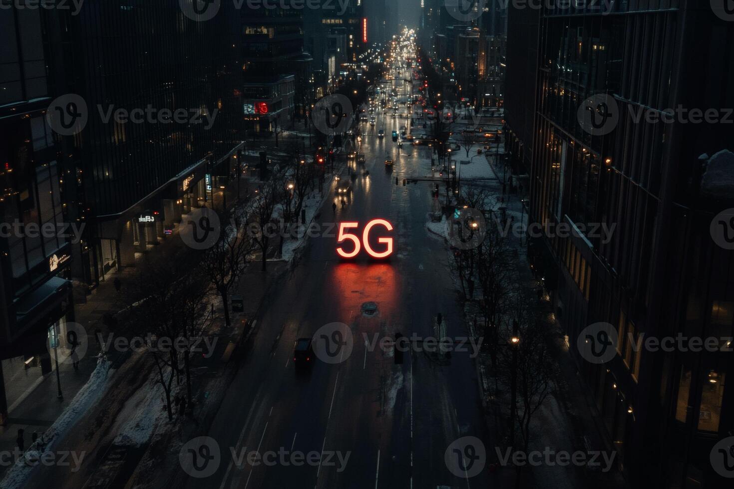 City illuminated by glowing 5G signage amidst evening rain. photo