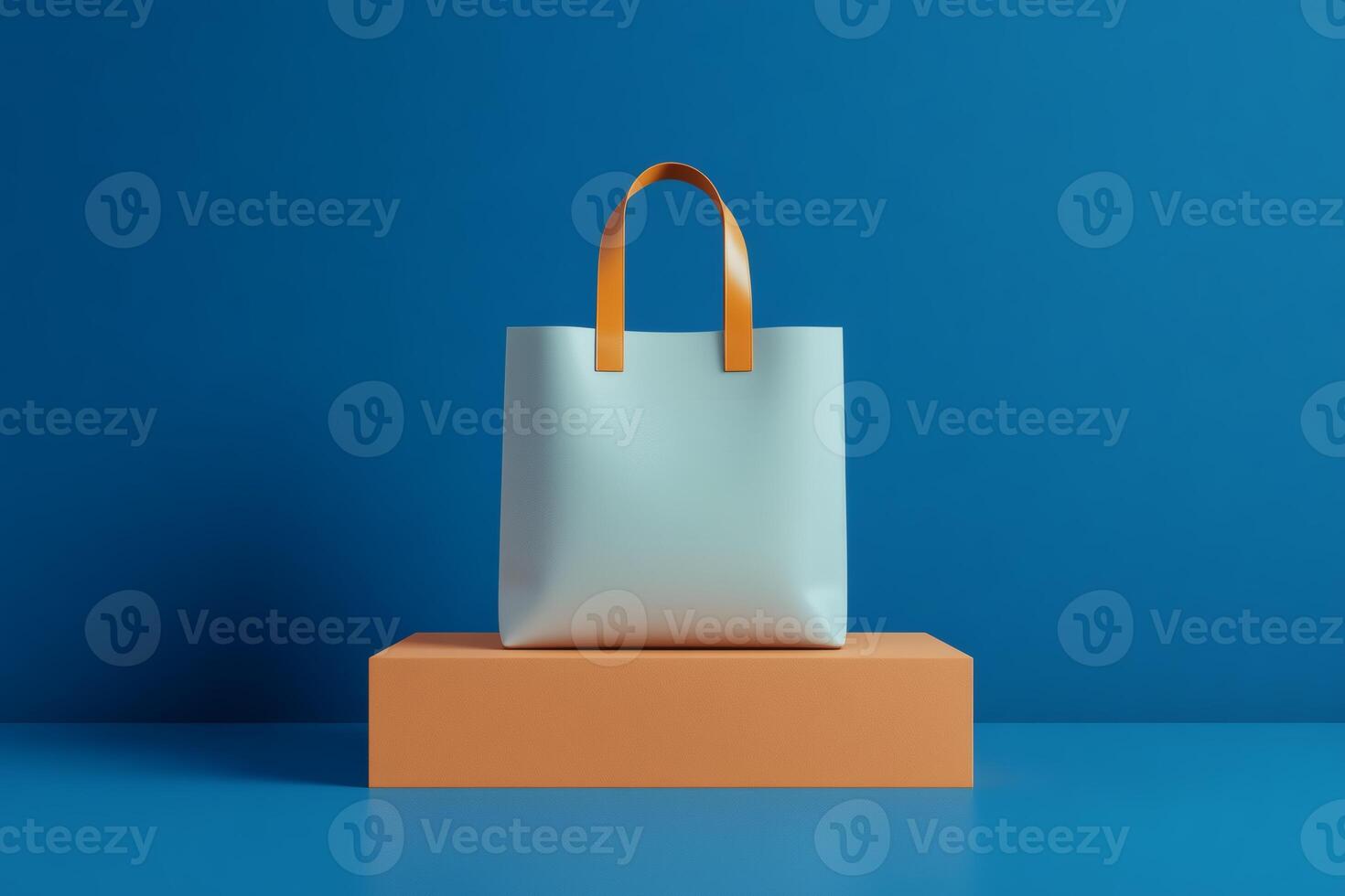 Stylish tote bag against vibrant blue background. photo