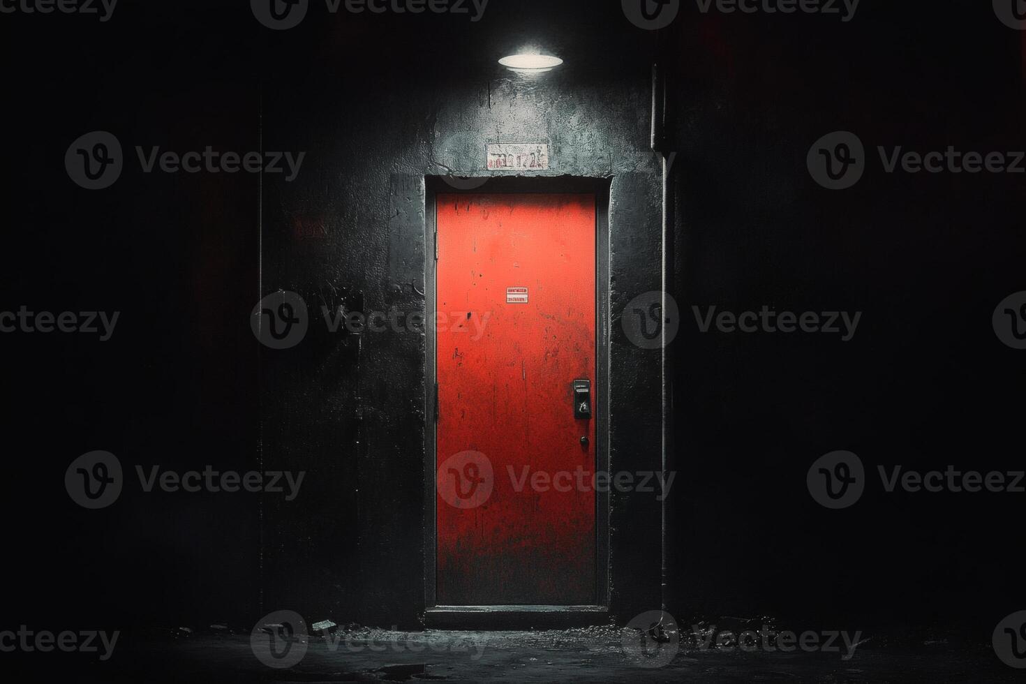 Mysterious red door stands alone in dimly lit alleyway. photo