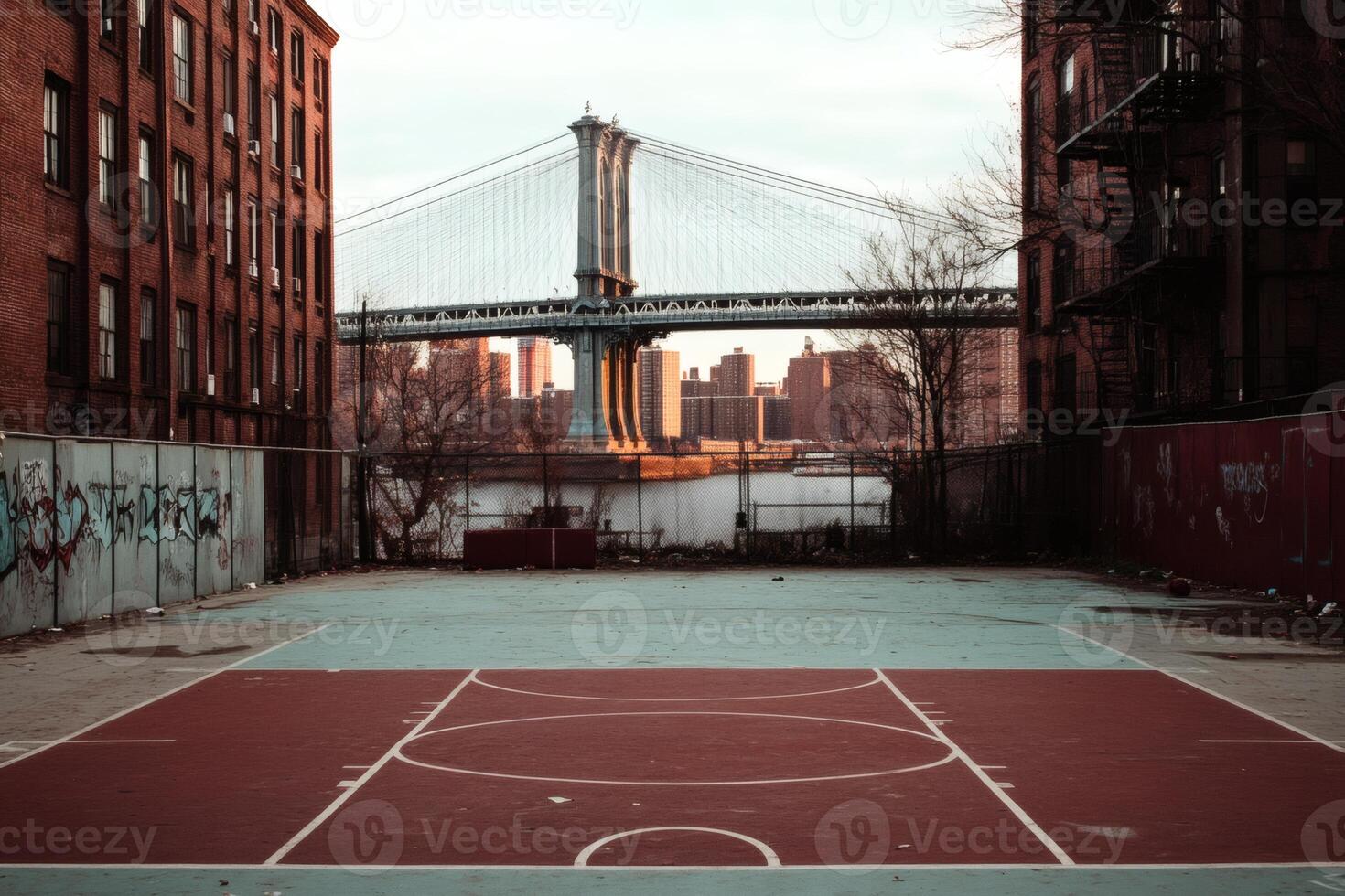 Urban basketball court with a view of the skyline. photo
