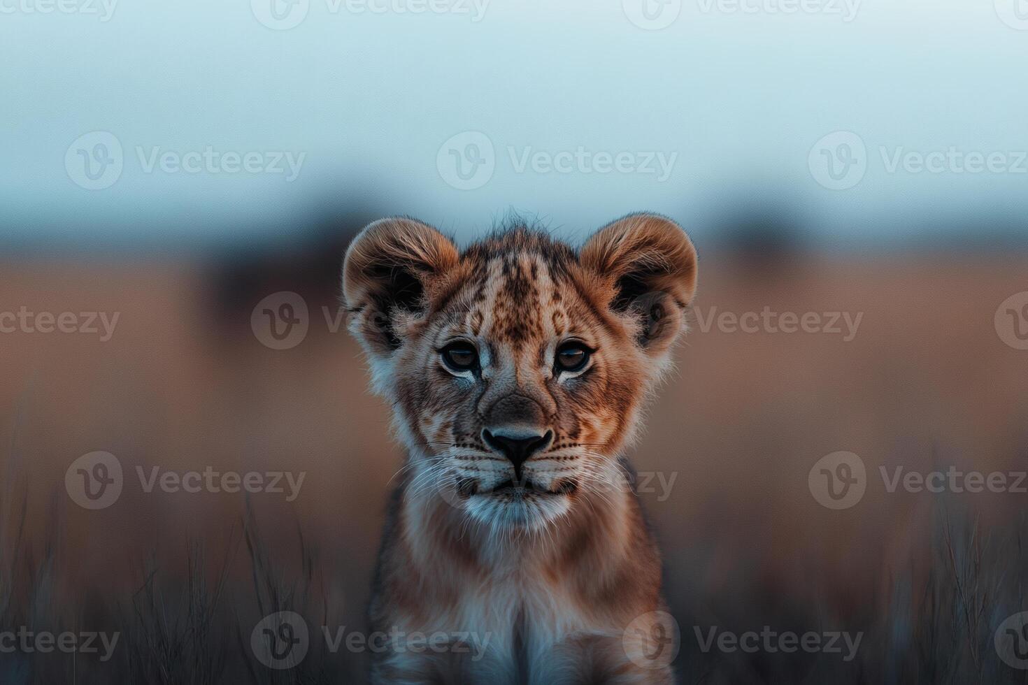 Young lion gazes curiously across the savanna land. photo