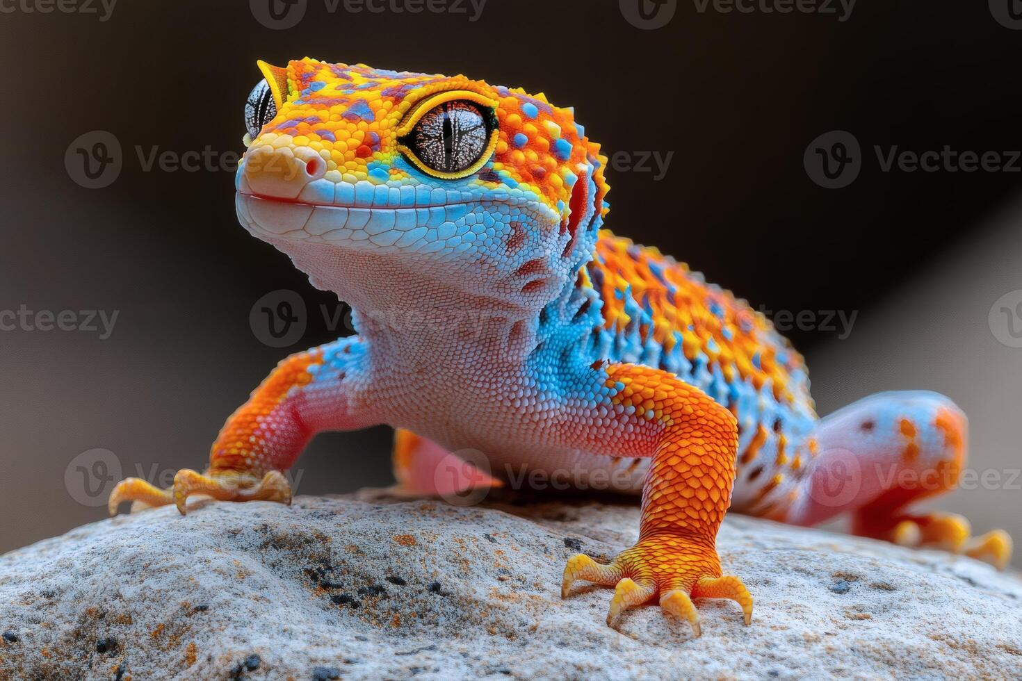Colorful gecko resting on a rock under soft sunlight. photo
