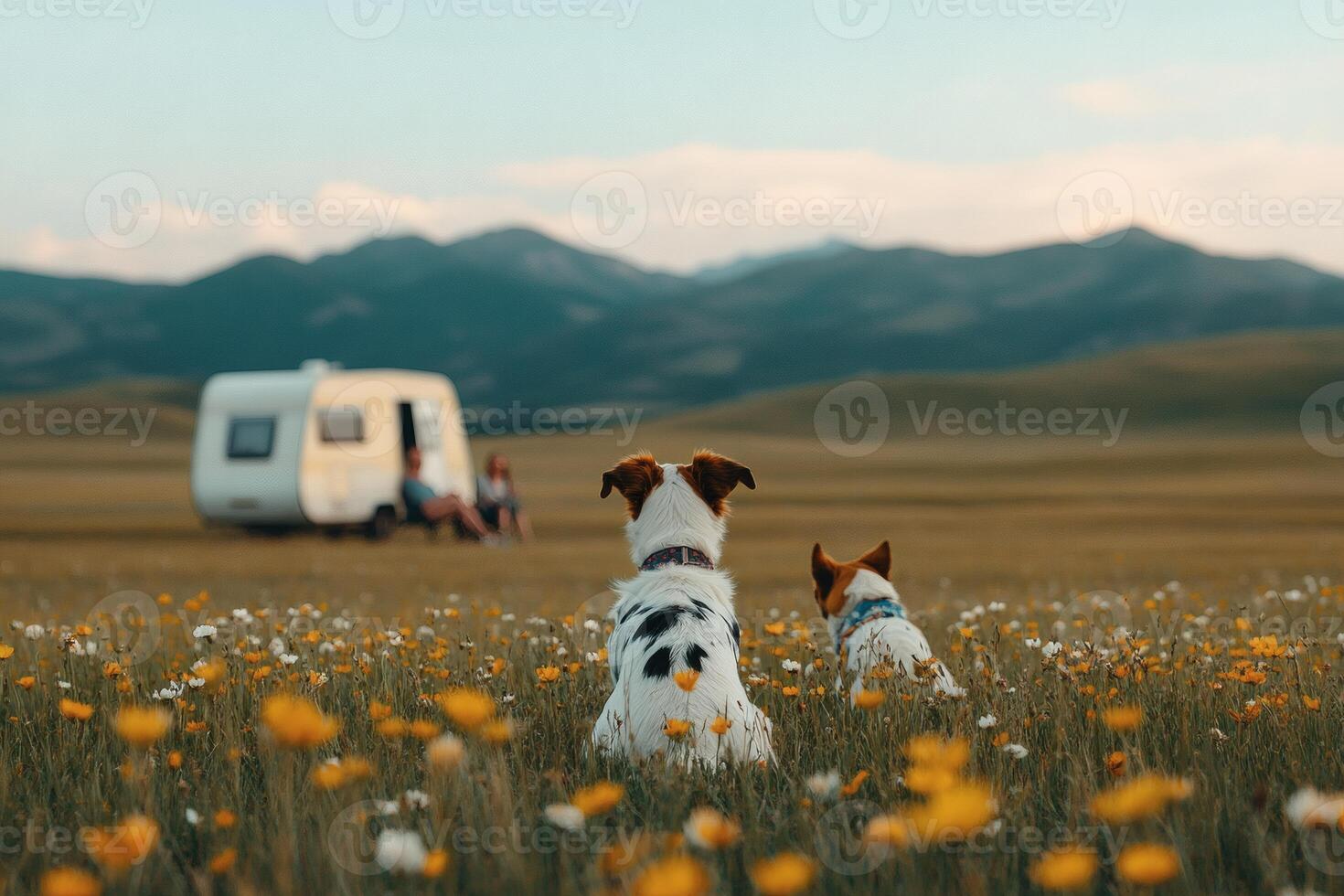 Two dogs enjoy a sunny day at a camping site. photo