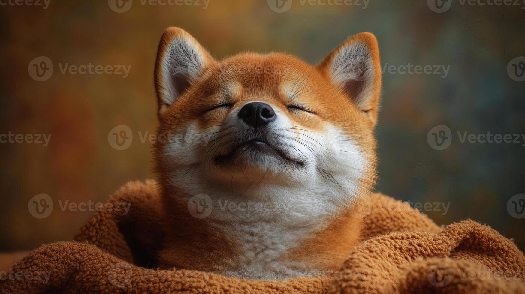 Shiba Inu relaxes peacefully wrapped in a warm blanket. photo