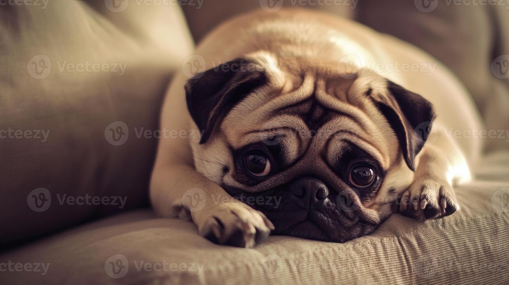 Pug resting on cozy sofa with a thoughtful gaze. photo