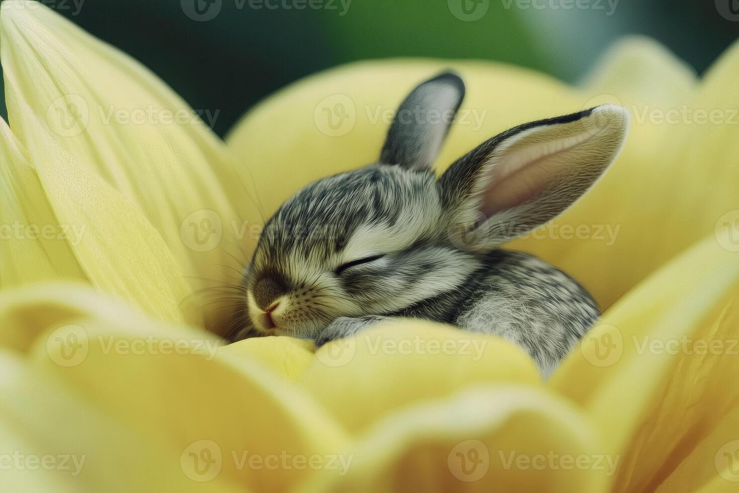 Sleeping bunny nestled in a vibrant yellow flower bed. photo
