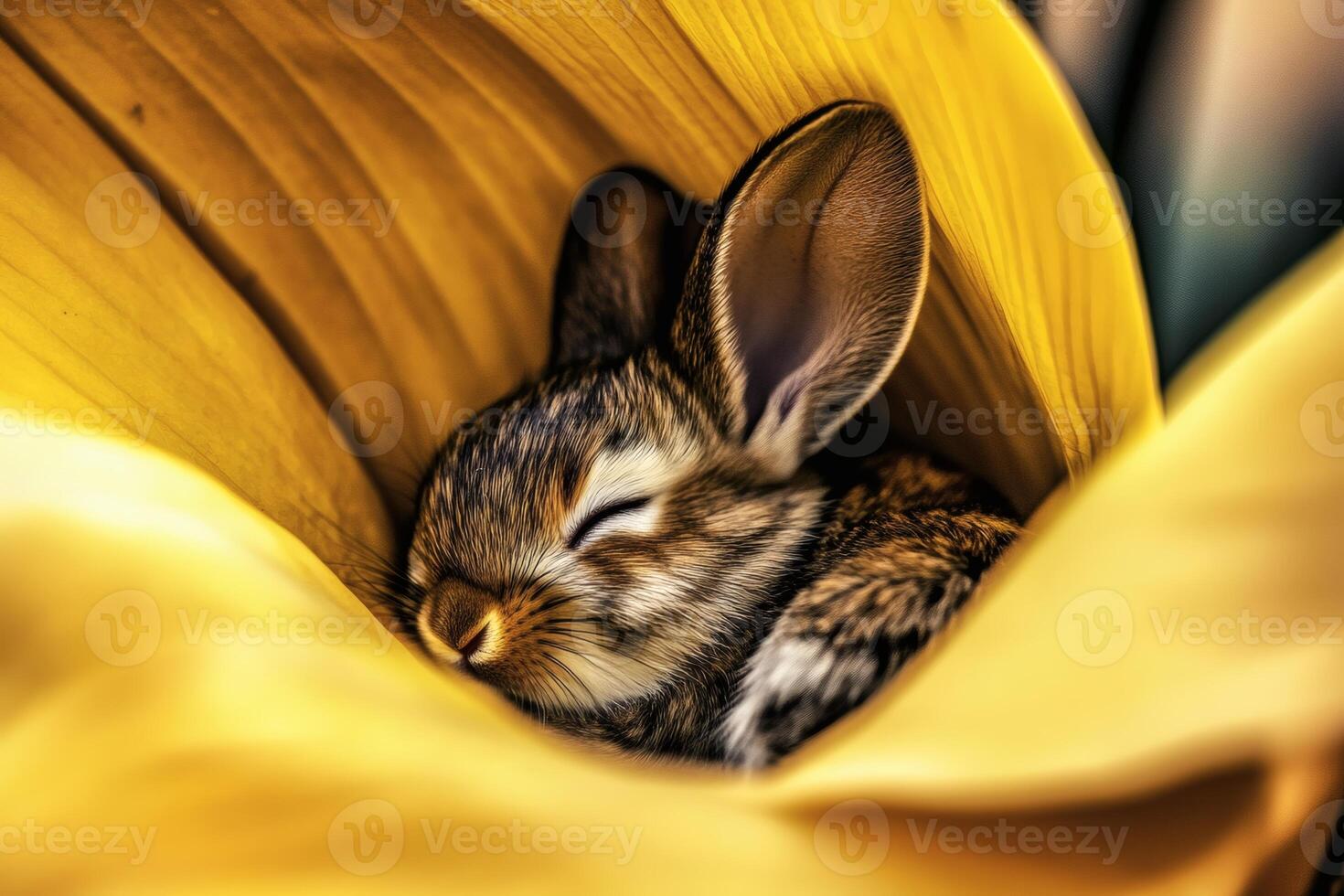 Softly resting bunny nestled in a vibrant yellow flower. photo