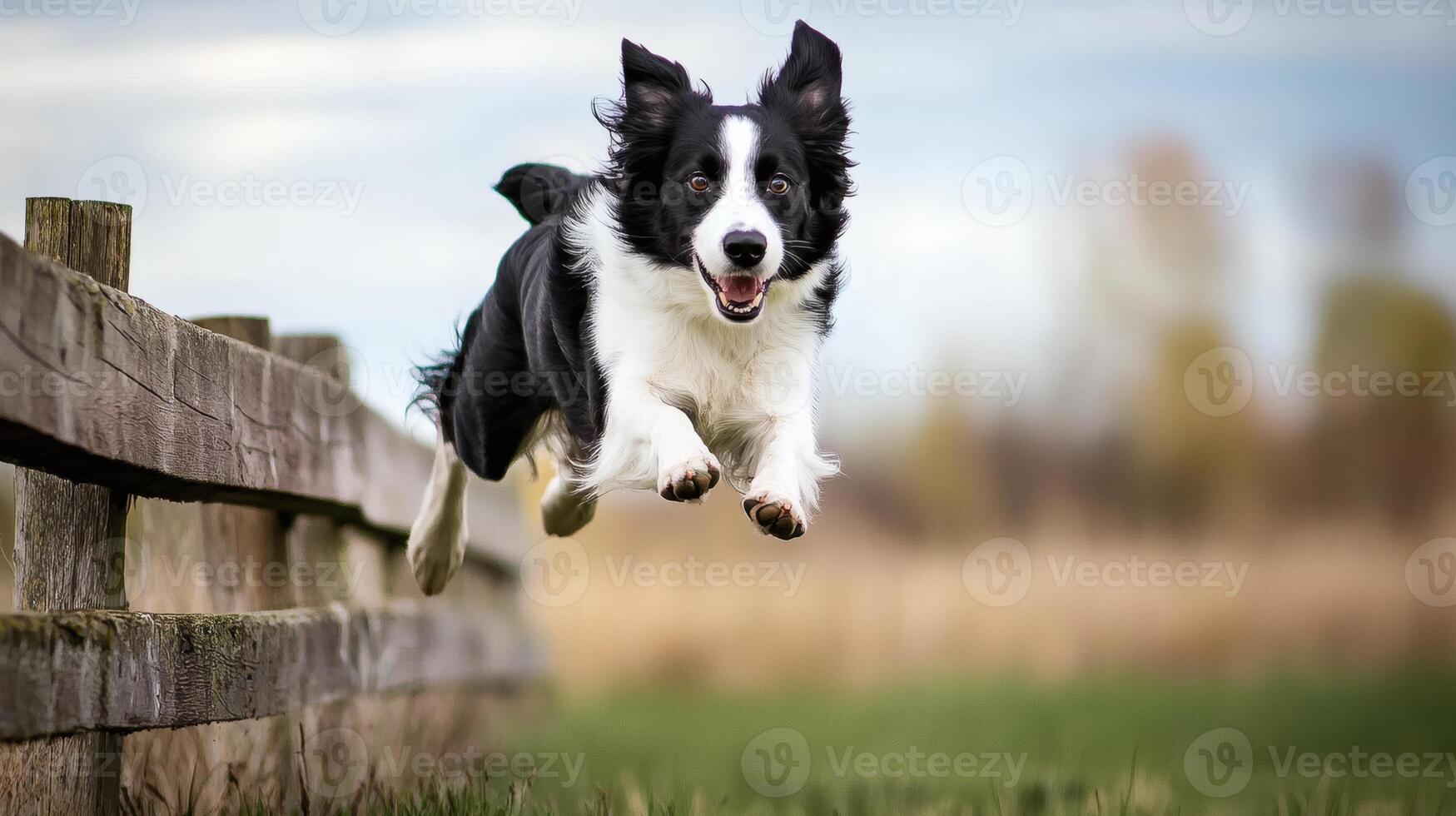 Energetic border collie leaps over wooden fence. photo