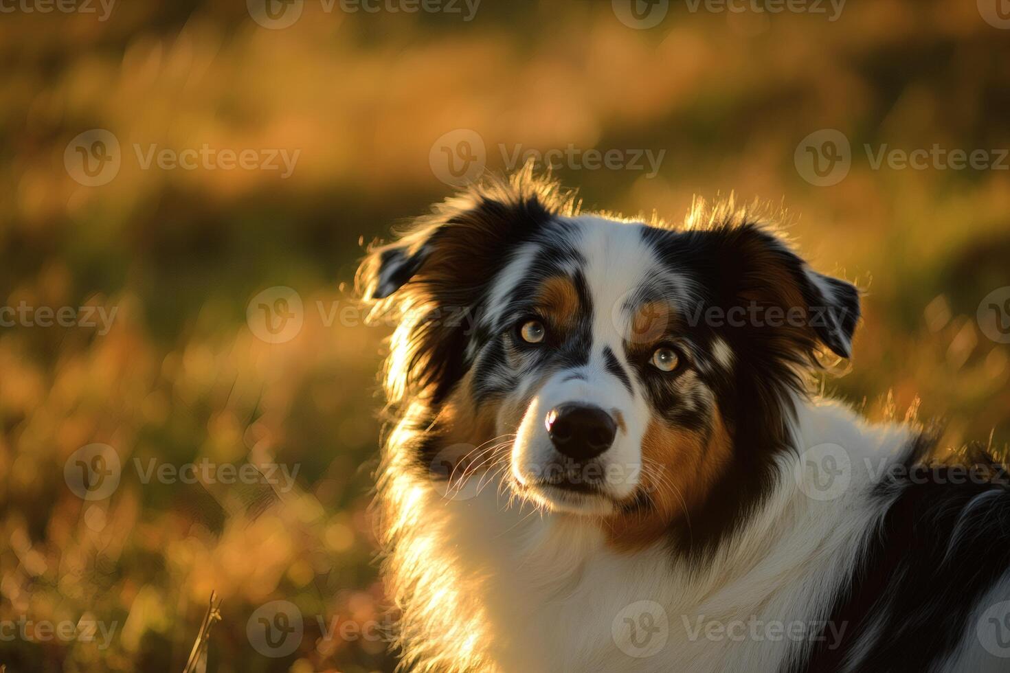 Close encounter with a playful Australian Shepherd at sunset. photo