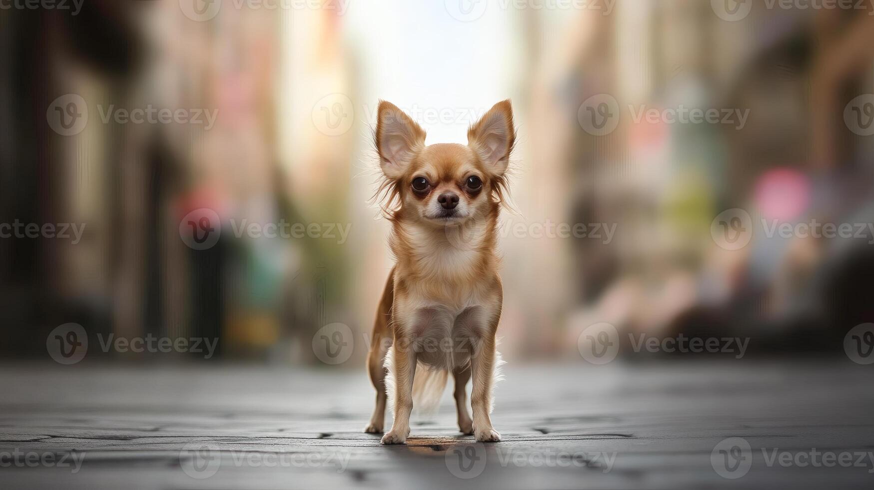 Small dog explores vibrant city streets in daylight. photo