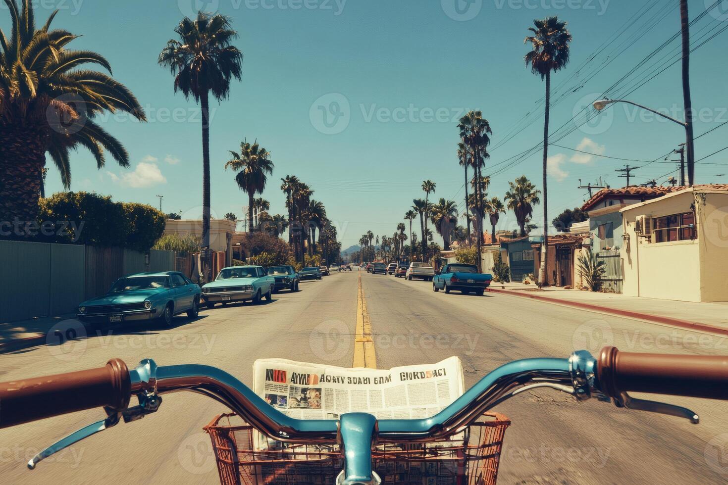 Bicycling down a sunny palm-lined street with a newspaper. photo