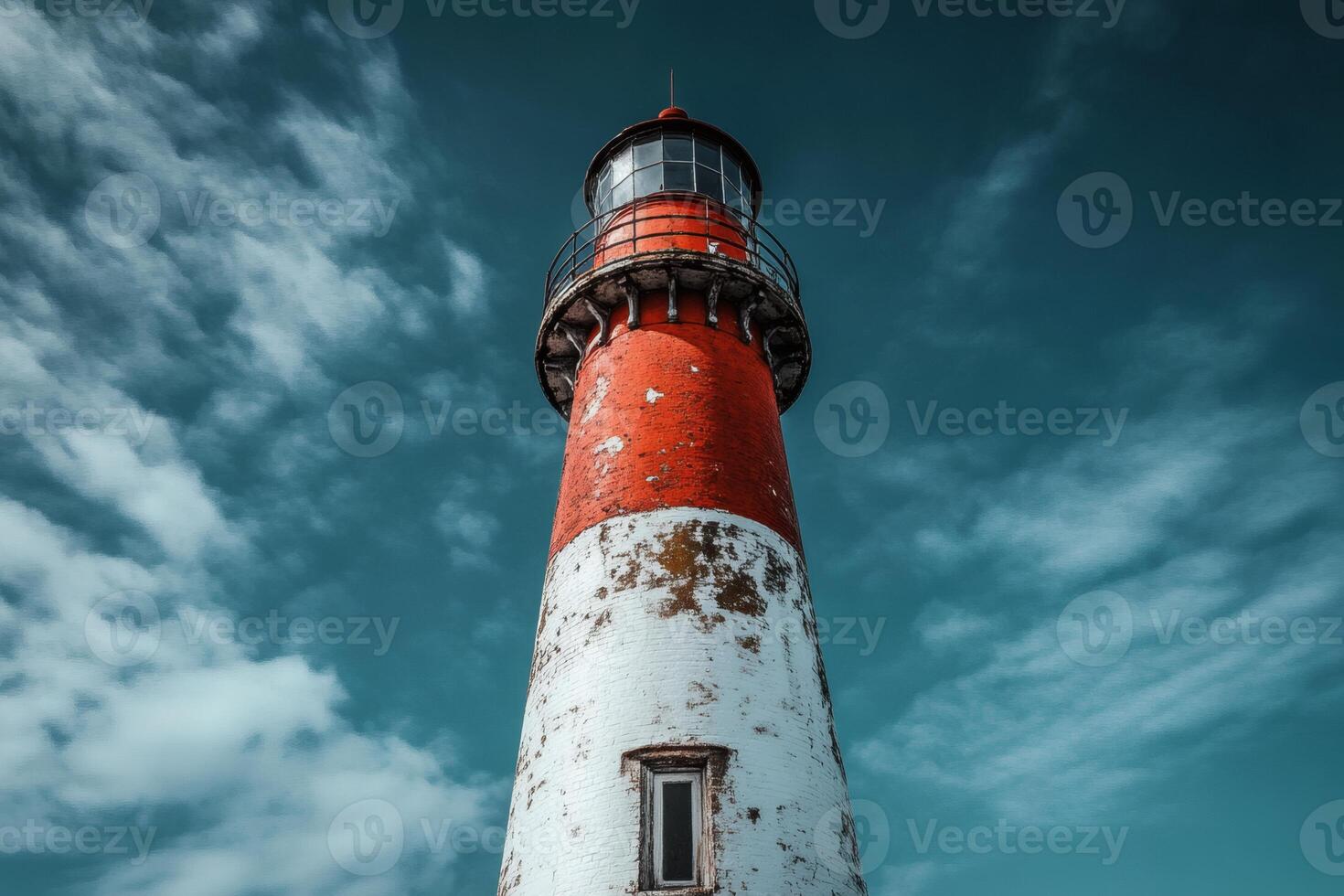 Lighthouse standing tall against a dramatic sky. photo