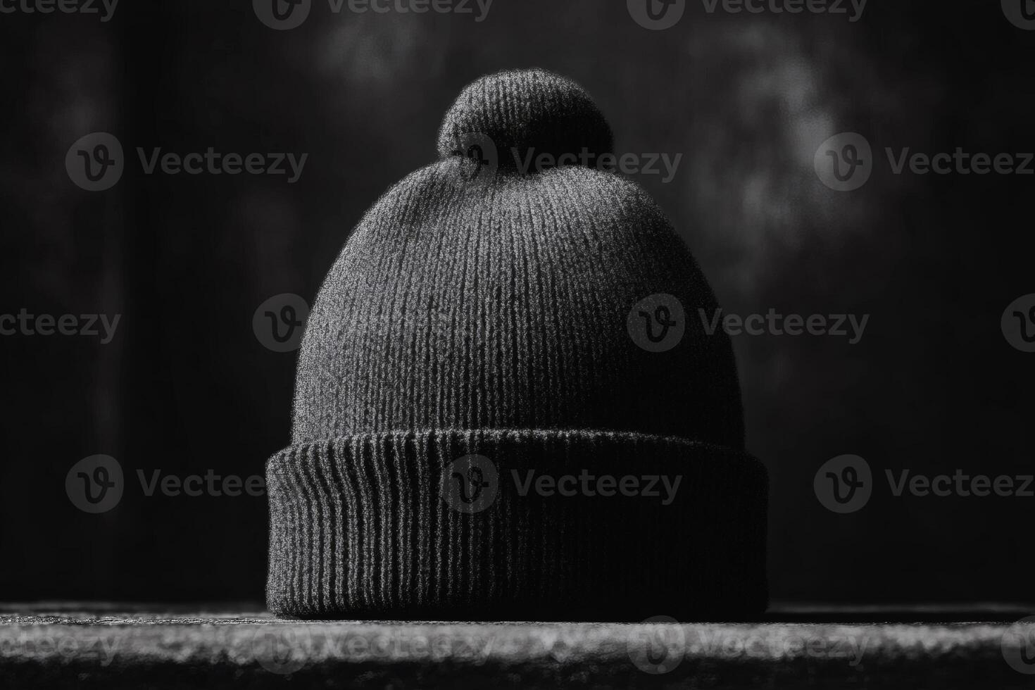 Warm and cozy black beanie hat on a textured surface in a dramatic light. photo