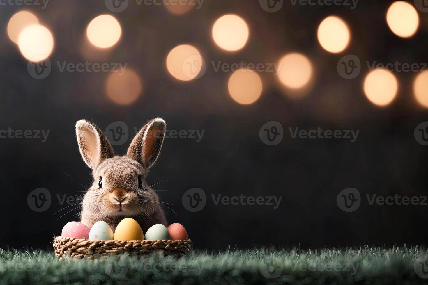 Festive bunny surrounded by colorful eggs shines under twinkling lights. photo