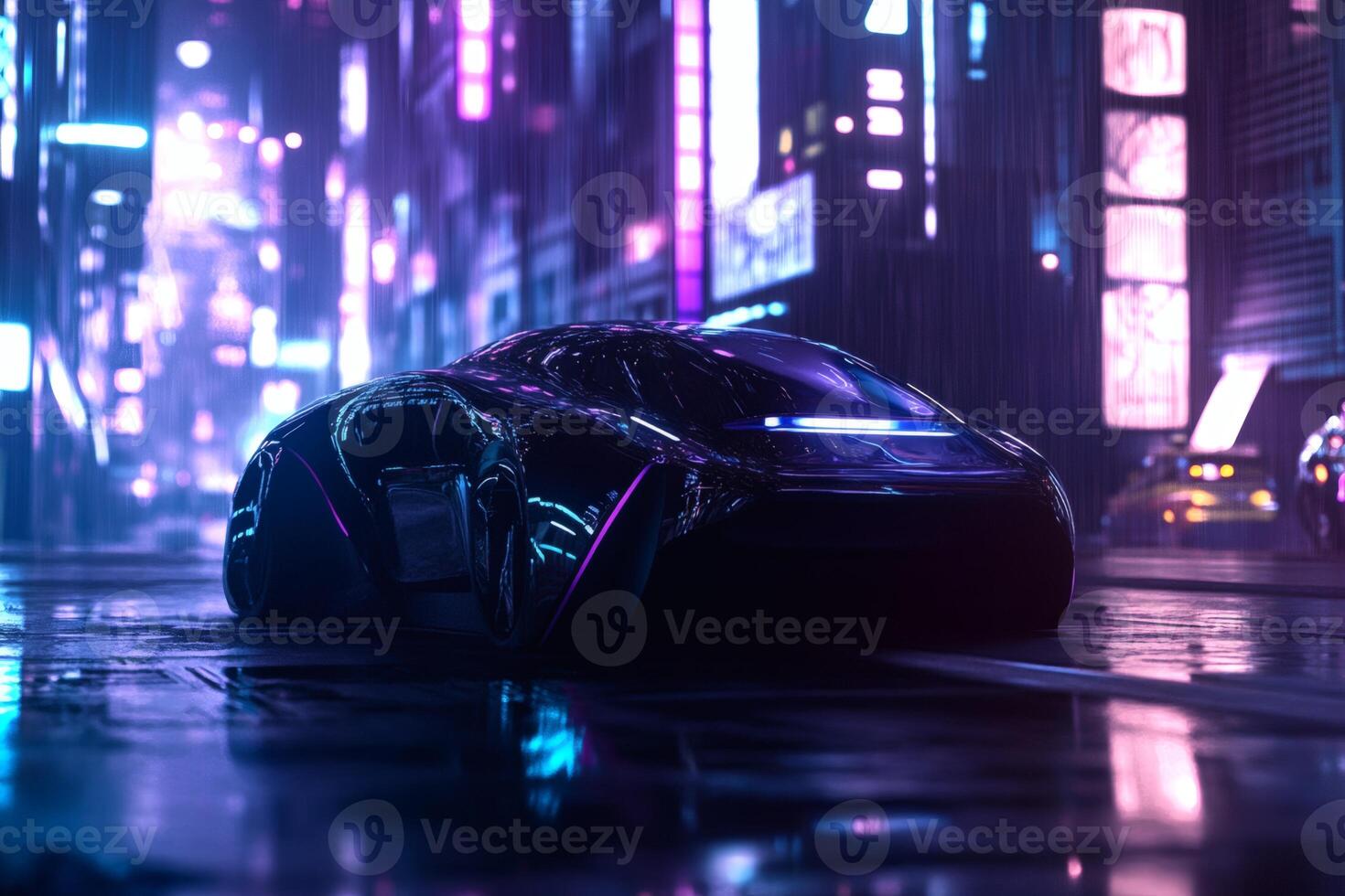 Futuristic car cruising in a neon-lit urban landscape. photo