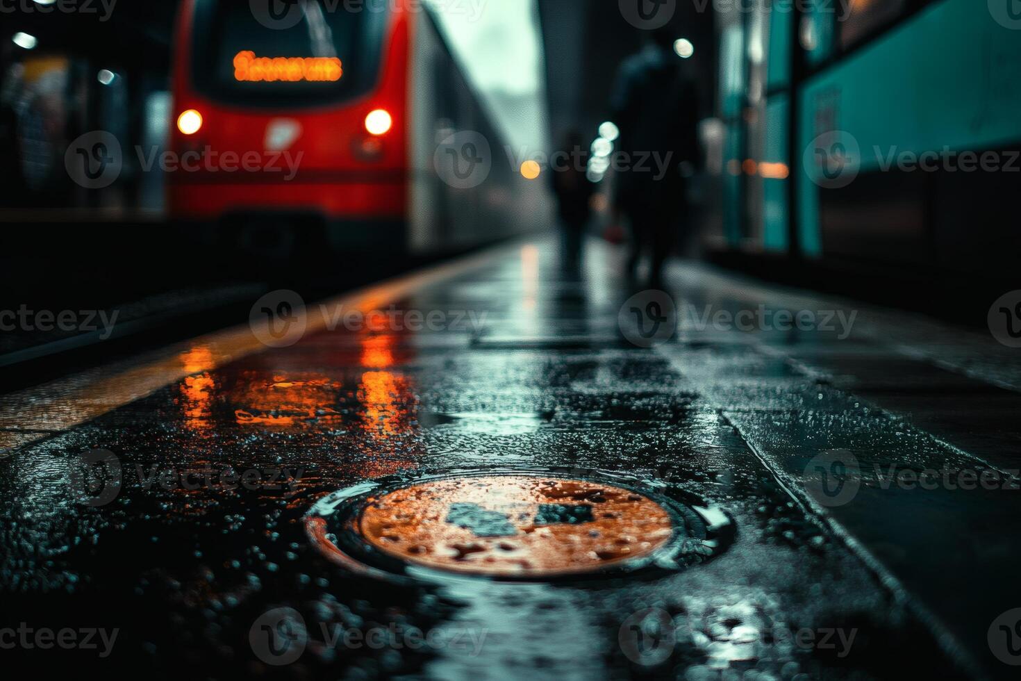 Rainy platform captures the essence of urban travel. photo