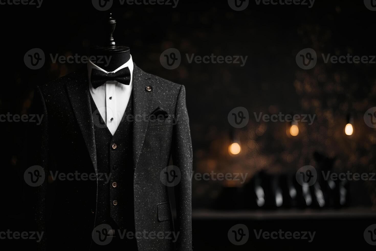 Elegant black suit on display in a dimly lit boutique setting. photo