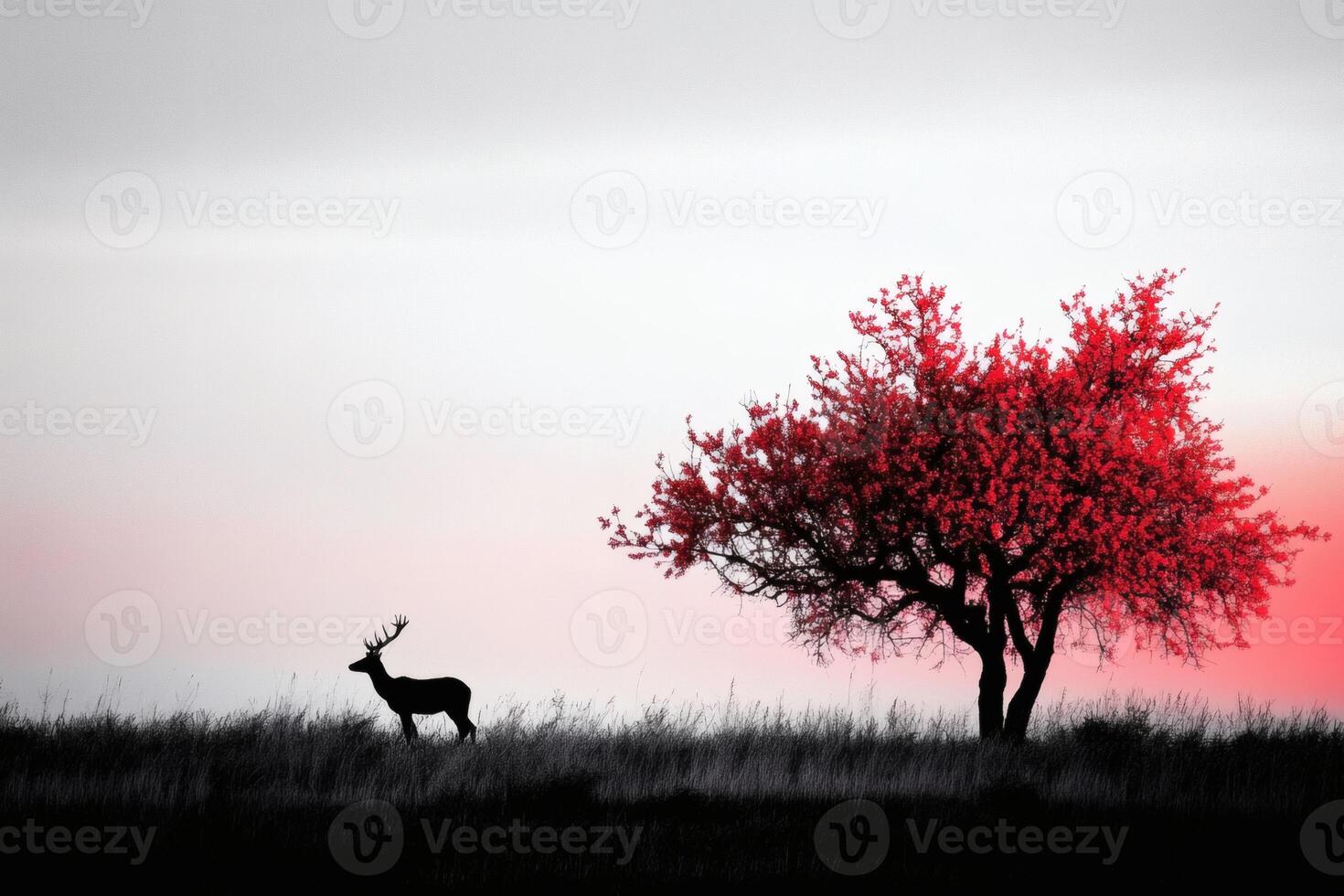 Stag silhouettes against a striking red tree at twilight. photo