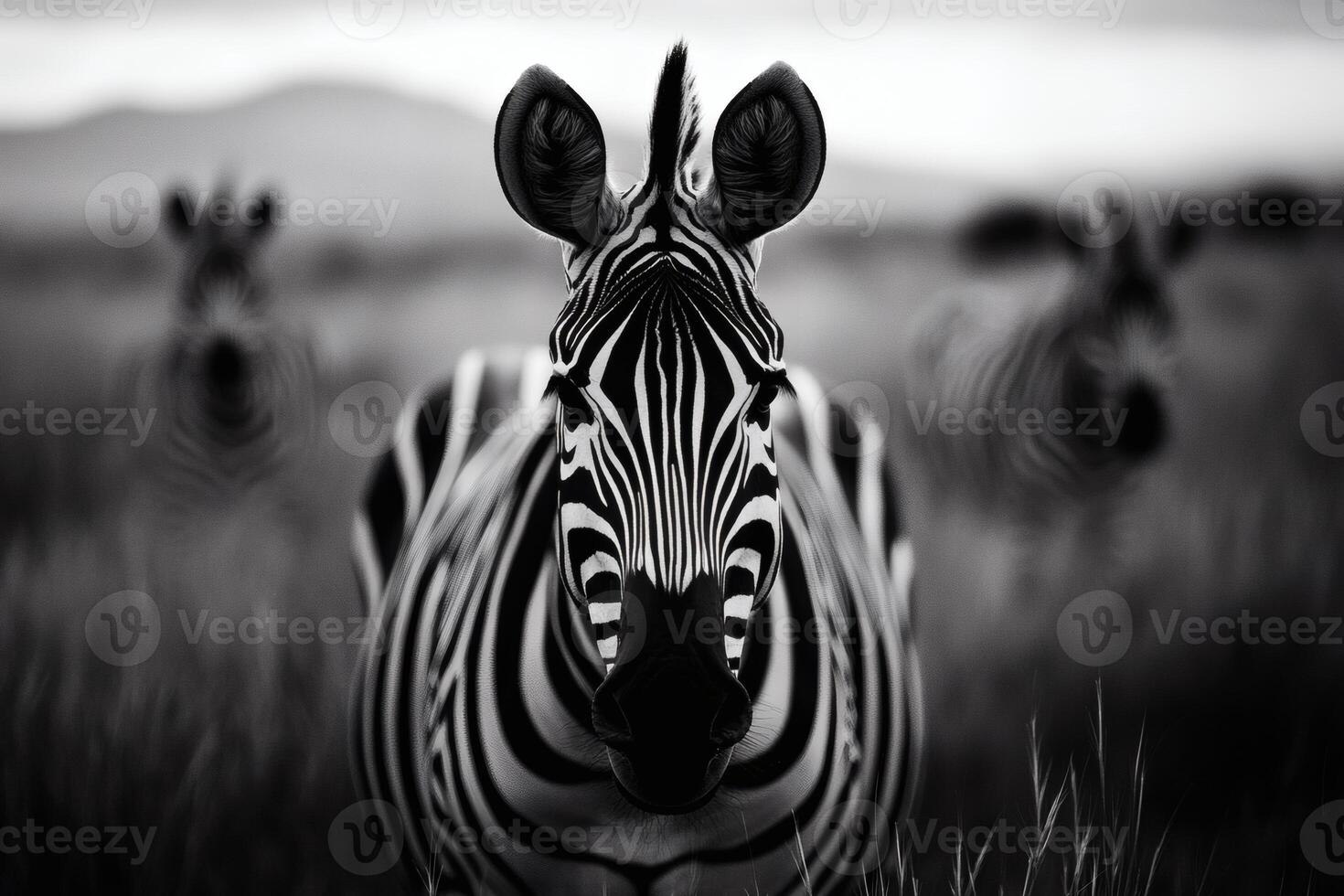 Majestic zebras roam the grasslands in a monochrome landscape. photo
