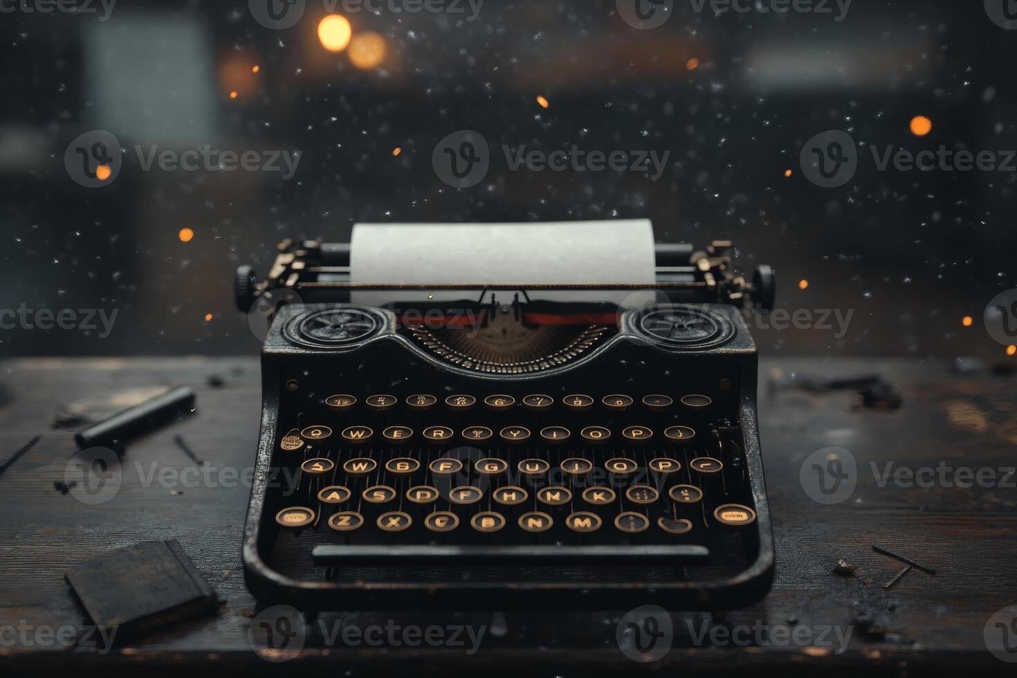 Vintage typewriter sits on a rustic desk as snowflakes gently fall. photo