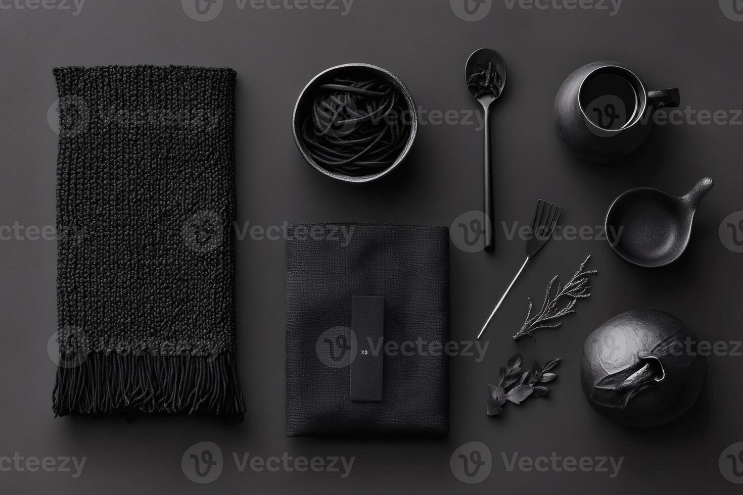 Chic monochrome kitchenware displayed on a dark backdrop in a stylish setting photo