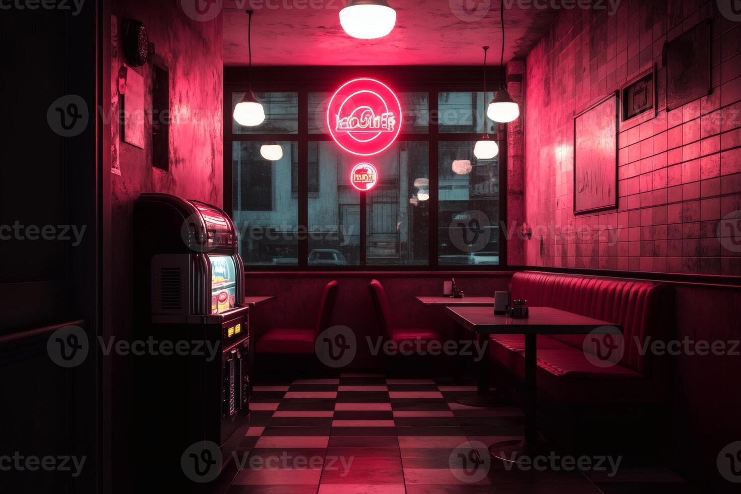 Vibrant retro diner ambiance with neon lights and checkered floors at dusk. photo
