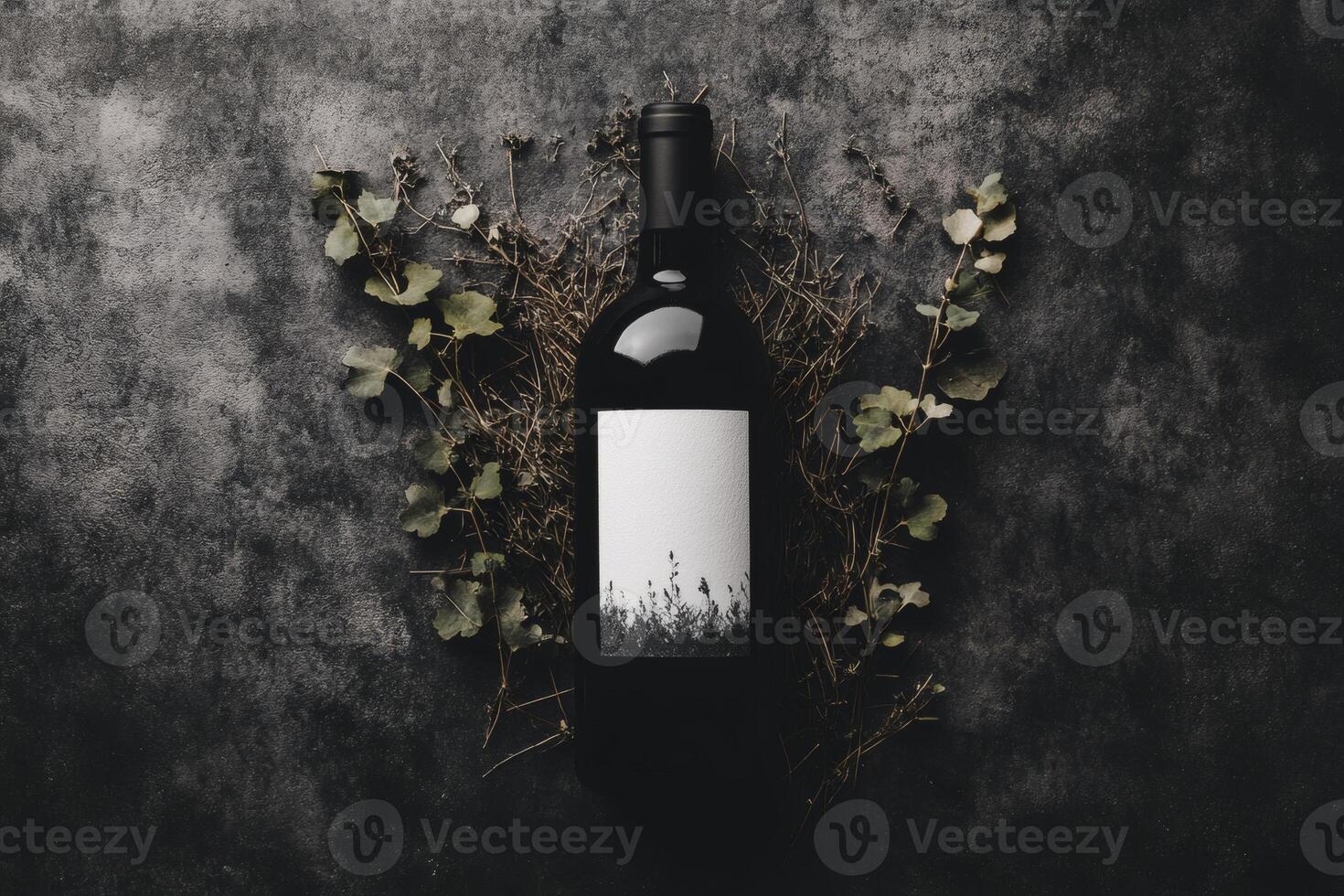Creative arrangement of dark wine bottle surrounded by natural elements. photo